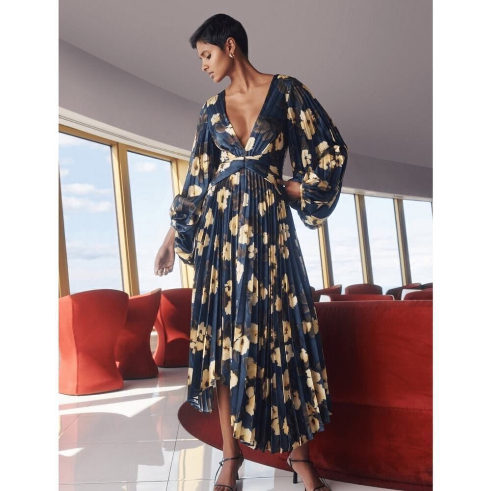 Acler Palms Pleated Midi Dress Floral Posy Print Au10/Us6